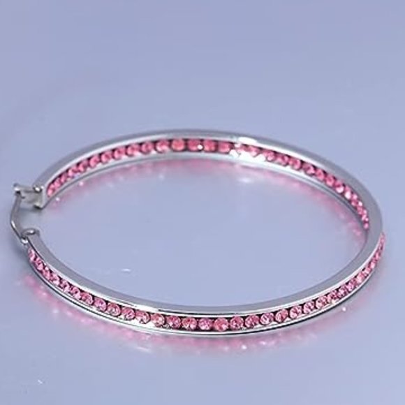 Pink Rhinestone Silver Hoop Earrings Crystal Channel Hoops Sparkling Rhinestones - Picture 10 of 14